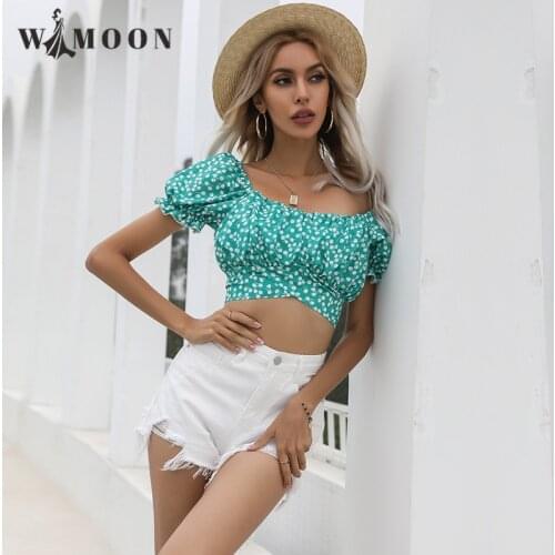 2021 Summer New Sexy Top Printed Horn Short-sleeved Chiffon Shirt Super-short Lantern Sleeve Mint Green Floral Shirring Tops