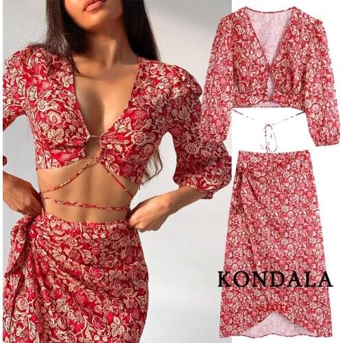 KONDALA Za 2021 Chic Red Floral Beach Women Suits Chiffon V Neck Sexy Cropped Tops Mujer and High Waist Front Split Midi Skirts