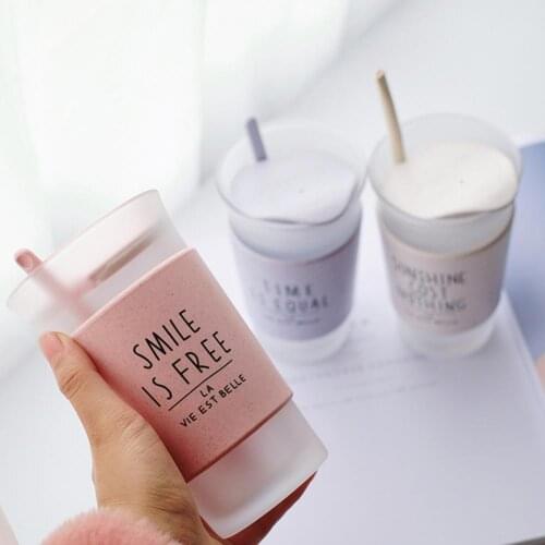 400ml Glass Water Bottle Glass Coffee Cup Frosted Scald-proof Portable Wheat Straw Glass Water Bottle with Lid for Home