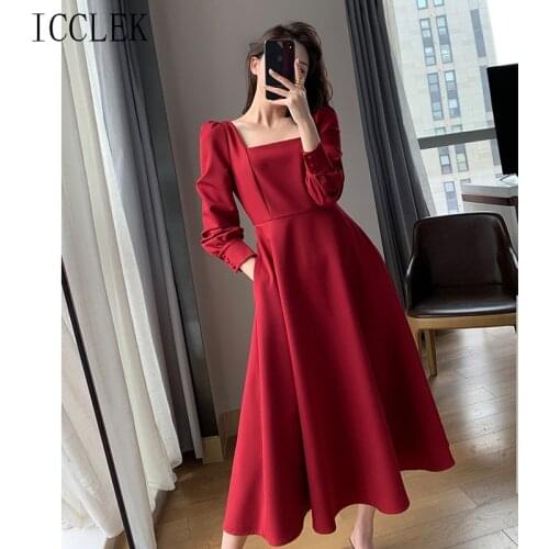 Vintage Hepburn Square Neck Puff Sleeve Cotton Black Dress WomenS Midi Dress 2021 New Korean Bridesmaid Dress Party Dresses