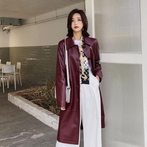 Womens Leather Jacket Long Sheepskin Coat Genuine Real Leather Jacket Women 2020 korean windbreaker jackets B12D01186-B KJ6155