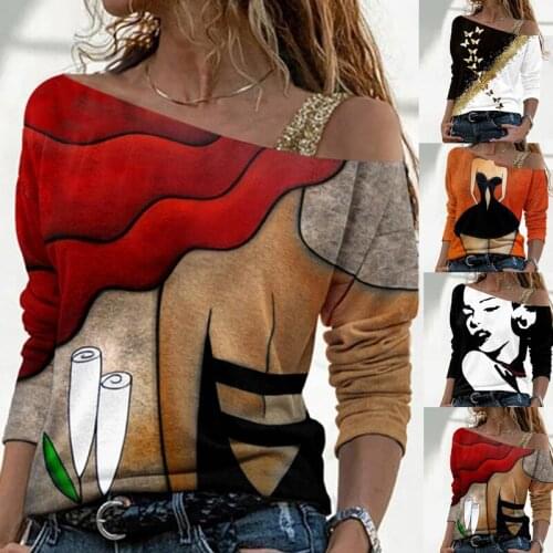 New Autumn Women Printed Skew Collar Vintage Fashion Sexy Long Sleeve T-shirt Casual Loose Off Shoulder Pullover Shirt Tops 3XL