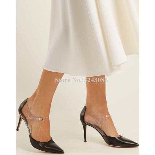 Woman Black Leather Transparent PVC Stiletto Heel Pumps Fashion Pointed Toe Buckle Strap Single Shoes Lady Fashion Banquet Shoes