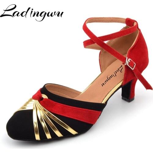 Ladingwu Womens Closed Pointe Shoes Womens Latin Dance Shoes For Ballroom Dancing Color Blue/Green/Red Flannel Heel 5/6/7cm