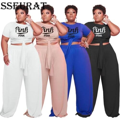 SSEURAT Plus Size Set Women Letter Short Sleeve Bandage Crop Tops High Waist Loose Long Pants Two Piece Sets Tracksuit Outfit