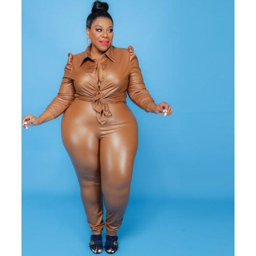 ZJFZML ZZ Women Clothing Two Piece Set Plus Size Pu Faux Leather Long Sleeve Blouse and Skinny TrouserDropshipping Wholesale