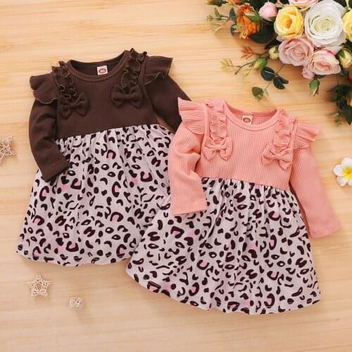 2020 Fashion Toddler Infant Kids Baby Girls Clothes Long Sleeve Leopard Printed A-Line Bowknot Ruffles Princess Party Dress#p4