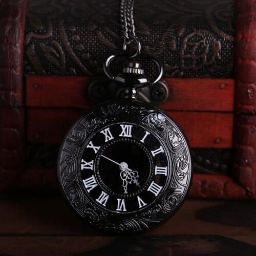 8075Stylish black white double display roman scale retro nostalgic pocket watch with necklace