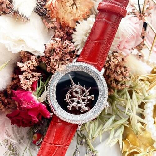 46MM Women Big Size Spinning Watches Luxury Full Rhinestones Crystals Dress Watch Waterproof Sword Rotating Wrist watch Leather