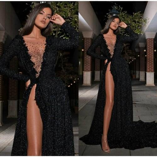 Black Evening Dresses V Neck Lace Beaded Luxury High Side Split Special Occasion Dress Long Sleeve A Line Prom Gowns
