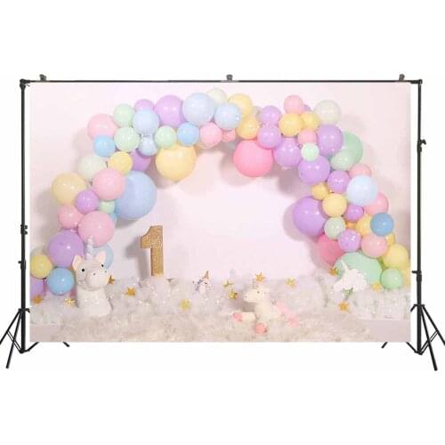 Girl First Birthday Photography Background Unicorn pastel rainbow Balloons arch Baby Portrait Cake Smash Photoshoot Backdrop