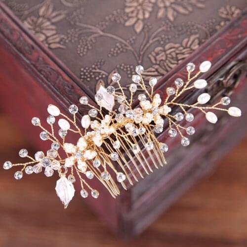 GETNOIVAS Women Rhinestone Pearl Gold/Silver Color Hair Comb Headband Flower Hair Pin Bride Hair Comb Wedding Headdress SL
