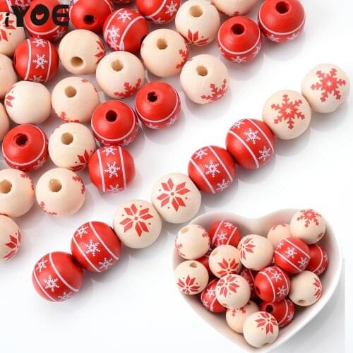IYOE 10pcs/Lot 15mm Natural Wood Round Beads Red Christmas Snowflake Beads For Making Christmas Gift DIY Craft Home Decoration
