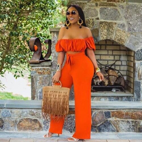 Echoine Off Shoulder Slash Jumpsuit Sexy Hollow Out Lace Up Elegant Rompers Wide Leg Orange Solid Playsuit Overalls Party Outfit