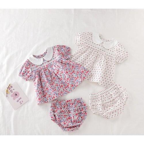 2021 Summer Korean Floral Infant Baby Short Sleeve Two-Piece Set Girls Clothes New Flower T-shirt Shorts Vintage Dress Rompers