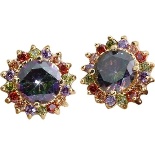 Beautiful Multi-Color Rainbow Stone 8*8mm Semi-precious Yellow Gold Filled Cool For Womens Stud Earrings ED0011