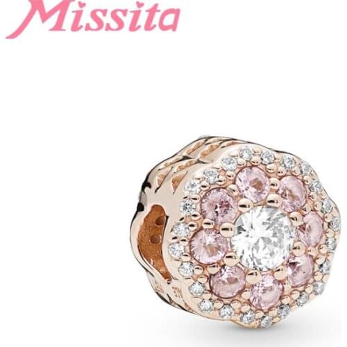 MISSITA New Shining Pink Crystal Charm fit Brand Charms Bracelet DIY Jewelry Women Silver Color Jewelry Accessories