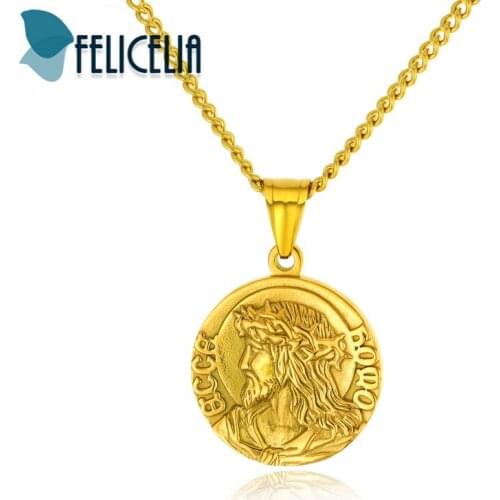 Felicelia Vintage Jesus Christ Design Mens Necklace Silver Gold Color Stainless Steel Medal Pendant Necklace For Men Jewelry