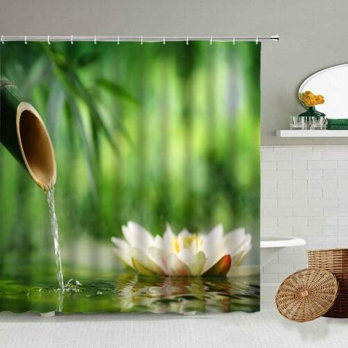 Zen Shower Curtain Set Lotus Green Plant Bamboo Stone Family Bathroom Wall Hanging Toilet Partition Waterproof Screen Washable