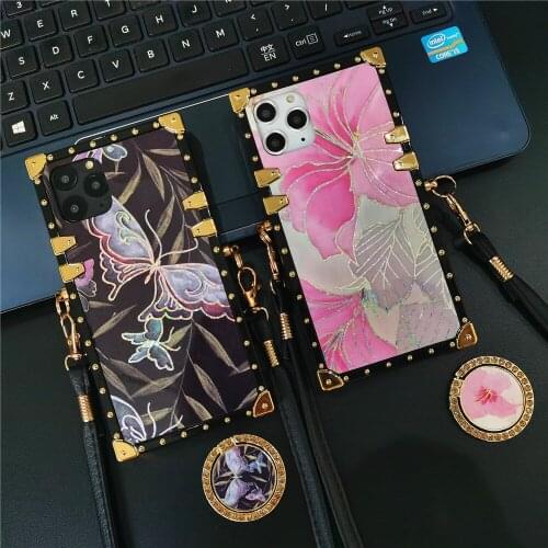 Luxury Glitter flower Lanyard Cord Strap Square Cover Butterfly Case for Motorola Moto G Play 2021 G Stylus G Power One 5G Ace
