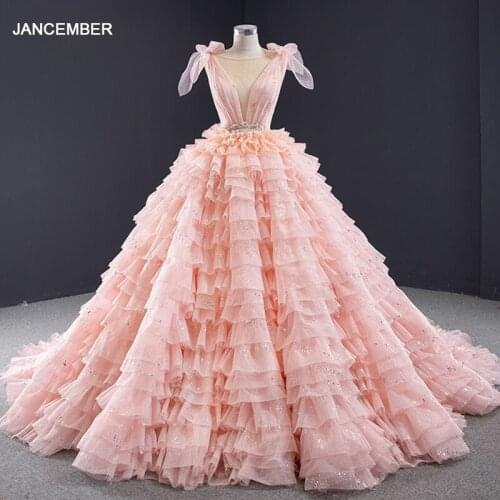 RSM67033 Pink Sexy V-neck Party Evening Dress Shiny Tiered Skirt Frill Transparent Metal Sequins Backless Prom Dress abendkleid