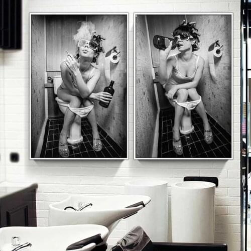 Sexy Drinking and Smoking Toilet Women Wall Art Canvas Painting Black and White Beauty Girl Poster Prints Modern Bar Home Decor