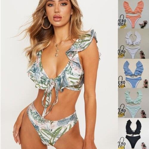 Sexy Bikinis Women Ruffle V-neck Pad Push Up Bra Thongs Swimsuit Biquini Bandage Printed Bikini Sets Swimwear Beach Bathing Suit