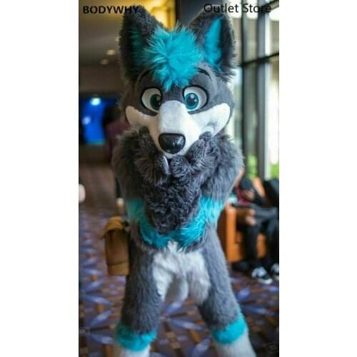 Gray Long Fur Husky Fox Dog Furry Mascot Costume Cosplay Dress Outfit Fursuit Christmas Halloween Birthday Party Ad Opening