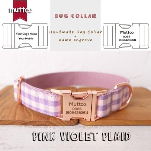 Engraving MUTTCO unique dog collar PINK VIOLET PLAID walk the dog leash accessory for small medium large dog 5 size UDC101M