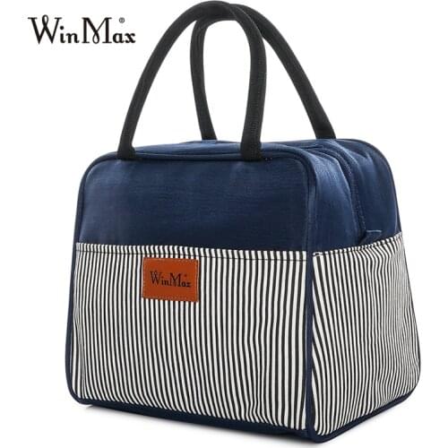 Winmax New 4 Color Large Capacity Striped Lunch Bags Thicken Insulated Thermal Food Picnic Bag Cooler Handbag Men Women LunchBag
