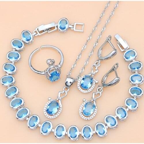 Womne Birthstone Silver 925 Jewelry Sets Sky Blue Earrings Bracelet Open Ring Night Necklace Sets Party Brithday Gift for Her