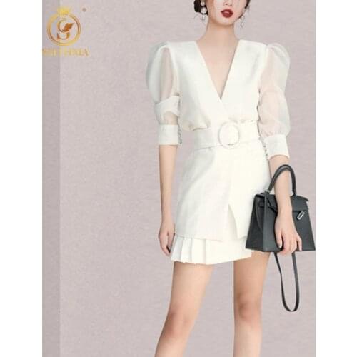 SMTHMA 2021 New Sexy V-Neck White Top +High Waist Pleated Skirts Sets Women Fashion 2 Pcs Office Work Suit