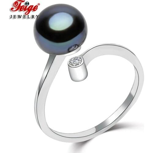 FEIGE Trendy Style 8-9mm Black Freshwater Pearl Ring 100% 925 Sterling Silver Ring for Womens Fine Jewelry Black Gemstone Ring