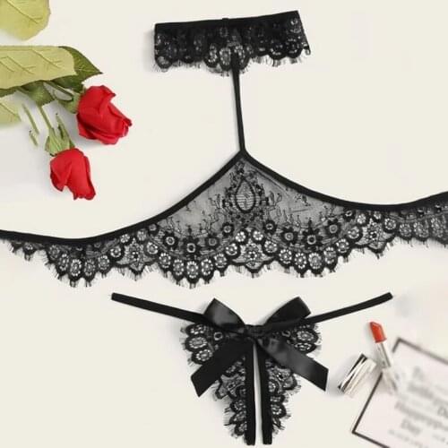 Womens Sexy Lingerie Sexy Split Neck Hanging Bra Suit Hollow Out Lace Lingerie Babydoll Bra Thong Set Underwear Set