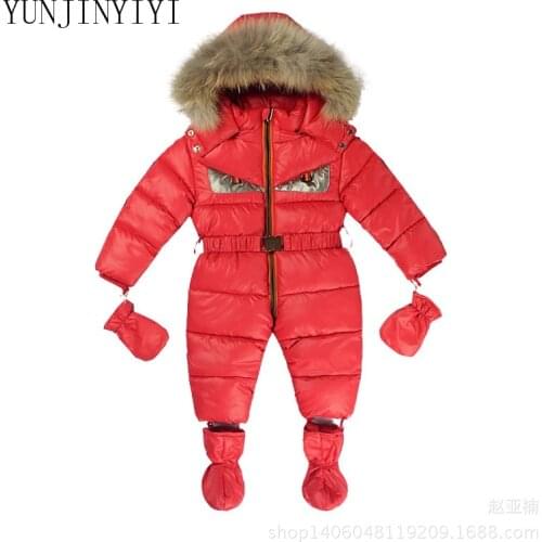 Winter baby snow overalls baby snow-proof leather fur collar infant toddler snow boots male baby female baby romper gloves socks