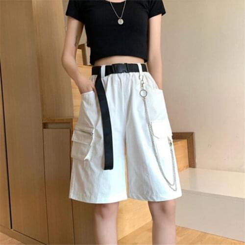 HOUZHOU Cargo Short Pants Women Summer Streetwear Oversize White High Waist Vintage Street Style Chain Trousers Korean Fashion