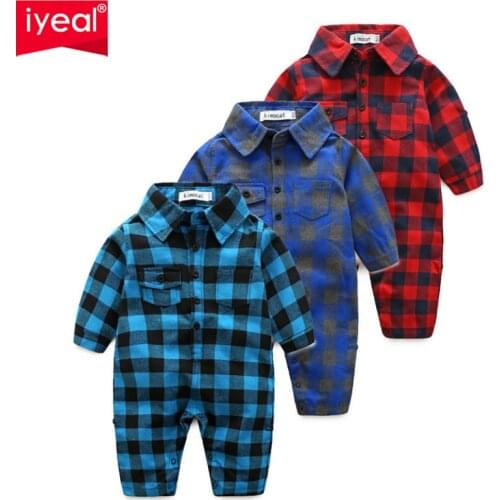 IYEAL Spring Autumn Newborn Clothes Baby Turn-down Collar Plaid Shirts Jumpsuit Children Overalls Romper For 0-2 Years