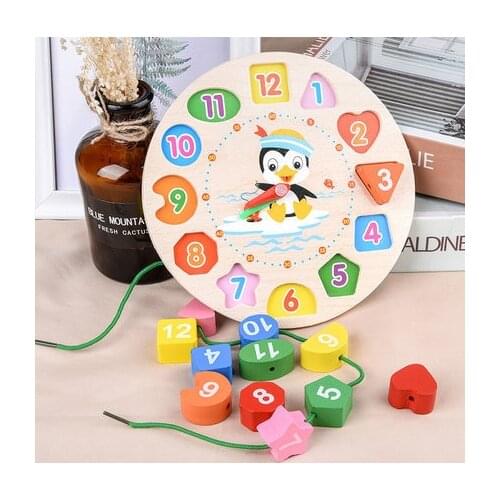 Digital Geometric Shape Puzzle Clock Threading Rope Multifunctional Educational Toys Kids Timepiece Cognition Wood Toys