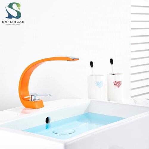 Saflihcar Bathroom Orange Chrome Basin Faucet Deck Mounted Washing Basin Mixer Water Taps Creative Hot Cold Water Crane Mixers