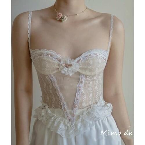 French Style Retro Lace Bra Camisole Womens Outer Wear Fairy Vest Camisole tank tops womens tops white top