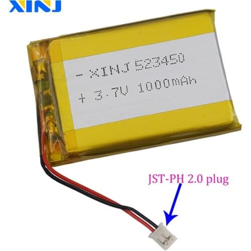 XINJ 3.7V 1000mAh Lithium Polymer Rechargeable Li-Po Battery 2pin JST 2.0mm 523450 For Game player DVD GPS E-book PDA car Camera