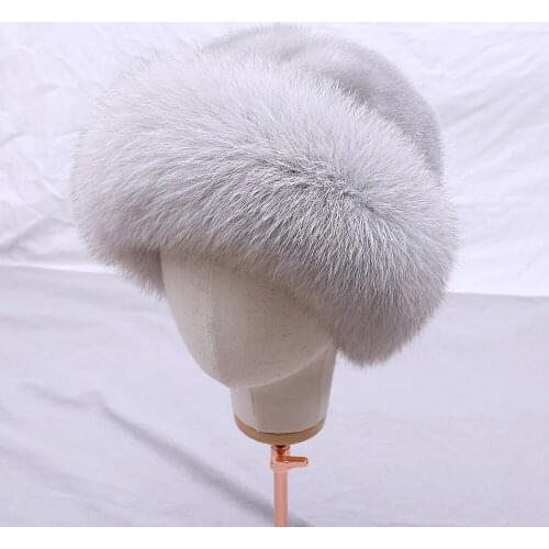 Womens Fahion Genuine Mink Fur Full Pelt Beanies Top Hat Real Fox Fur Brim Lady Fur Cap Solid Winter Russian Warm Hat Luxury