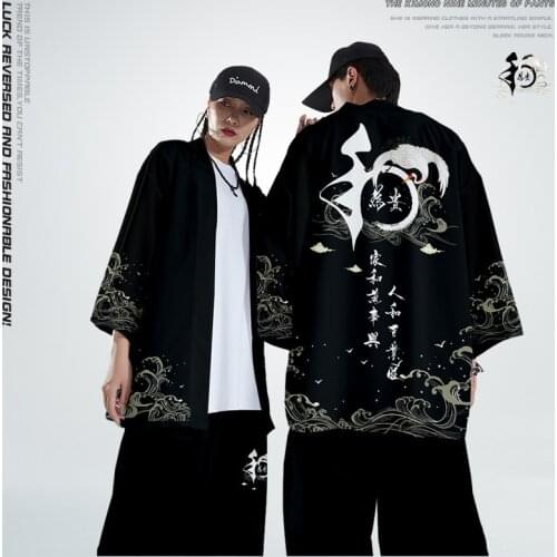 Men Japanese Summer Beach Cardigan And Pant Haori Yukata Couple Samurai Costume Clothing Black Print Kimono Shirt