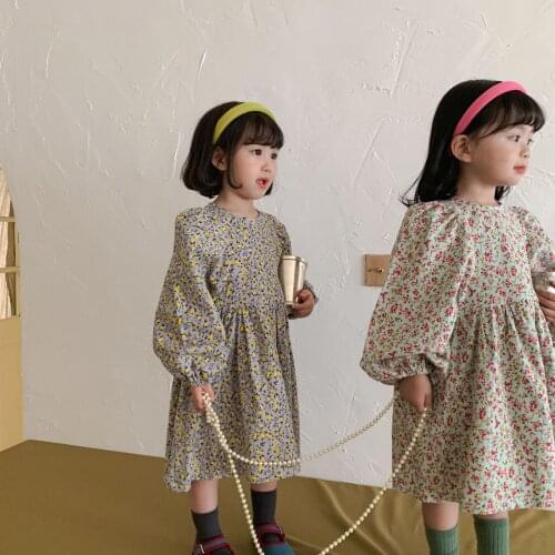 8408 Girls Floral Dress Autumn New 2021 Cotton Long Sleeve Baby Princess Dress Bubble Sleeve Casual Loose Kids Clothes