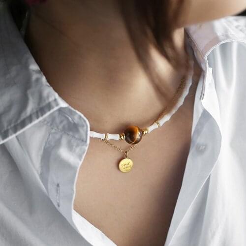 New Design Choker Necklace For Women Girls Hand-made White Bamboo Shaped Shell Tiger Eye Bead Charm Fashion Jewelry DDN200