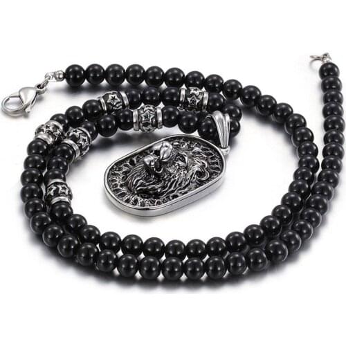 Boyfriend Gift Stainless Steel Silver Color Carving Lion Biker Jewelry Black Rasory Bead Chain Mens Pendant Necklace 28inch Hot