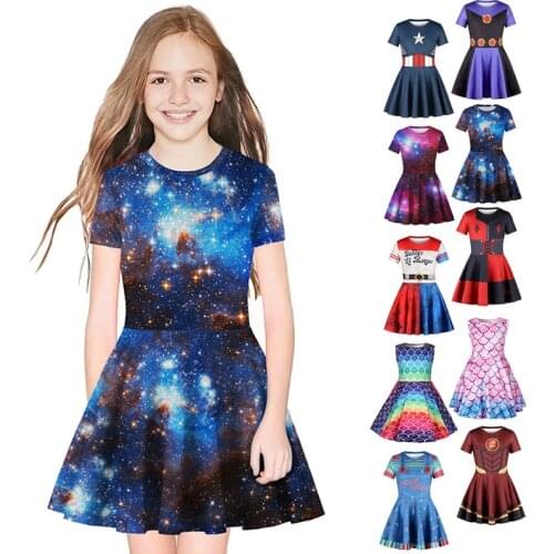 Girls Starlit Dress Teenager Girl Halloween Costume Fashion Casual Outfits 3D Super Hero Print Cosplay Clothes Rainbow Frocks