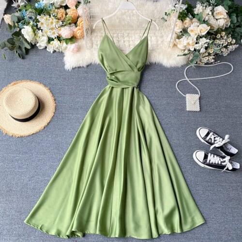 Womens spring summer sexy A-line slip dress female summer backless becah imitation satin dress TB1133