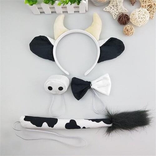 Milk Cow Ears Headband Kawaii Animal Hairband Bow Tie Childrens Day Ornaments Headwear Gift 4-Piece Set Child Hair Ties Opaska