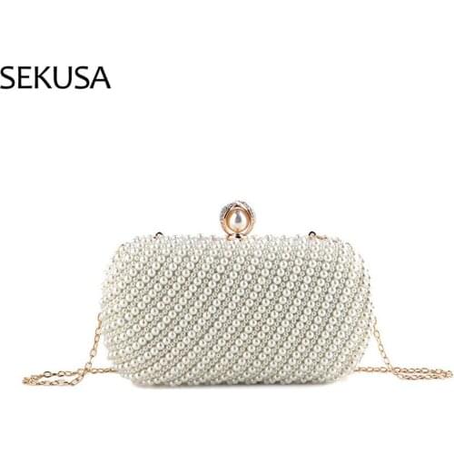 Rhinestones Beaded Metal Evening Bags Full Of Pearl Chain Shoulder Handbags Wedding Party Lady Purse Diamonds Elegant Clutch